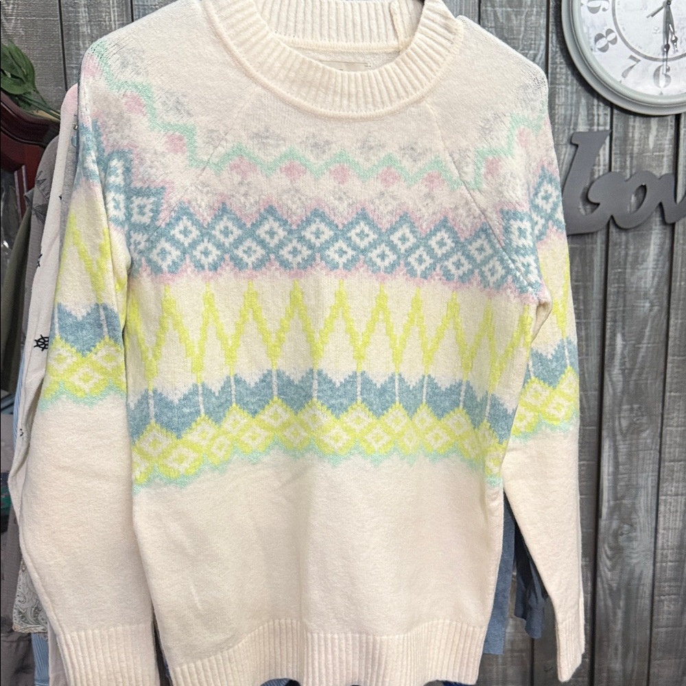 LOFT Cream Sweater with Pastel Patterns